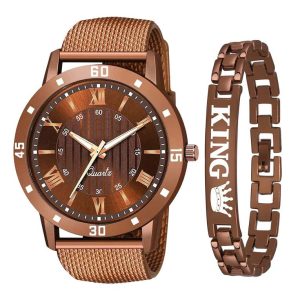 Analouge Rubber Strap and King Bracelet Combo Watch for Boy and Men (Brown)