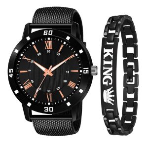 Analouge Rubber Strap and King Bracelet Combo Watch for Boy and Men (Black)